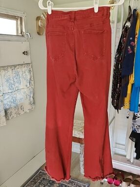 Dark Red Frayed Hem Wide-Leg Jeans